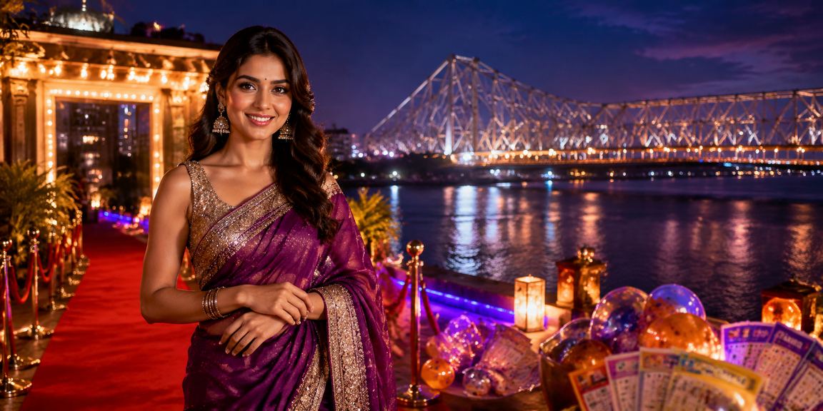 Howrah Bridge with lottery representation and Indian model promoting slots